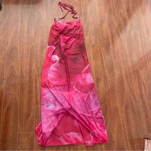 Sheer Mesh Pink Halter Swim Coverup Dress